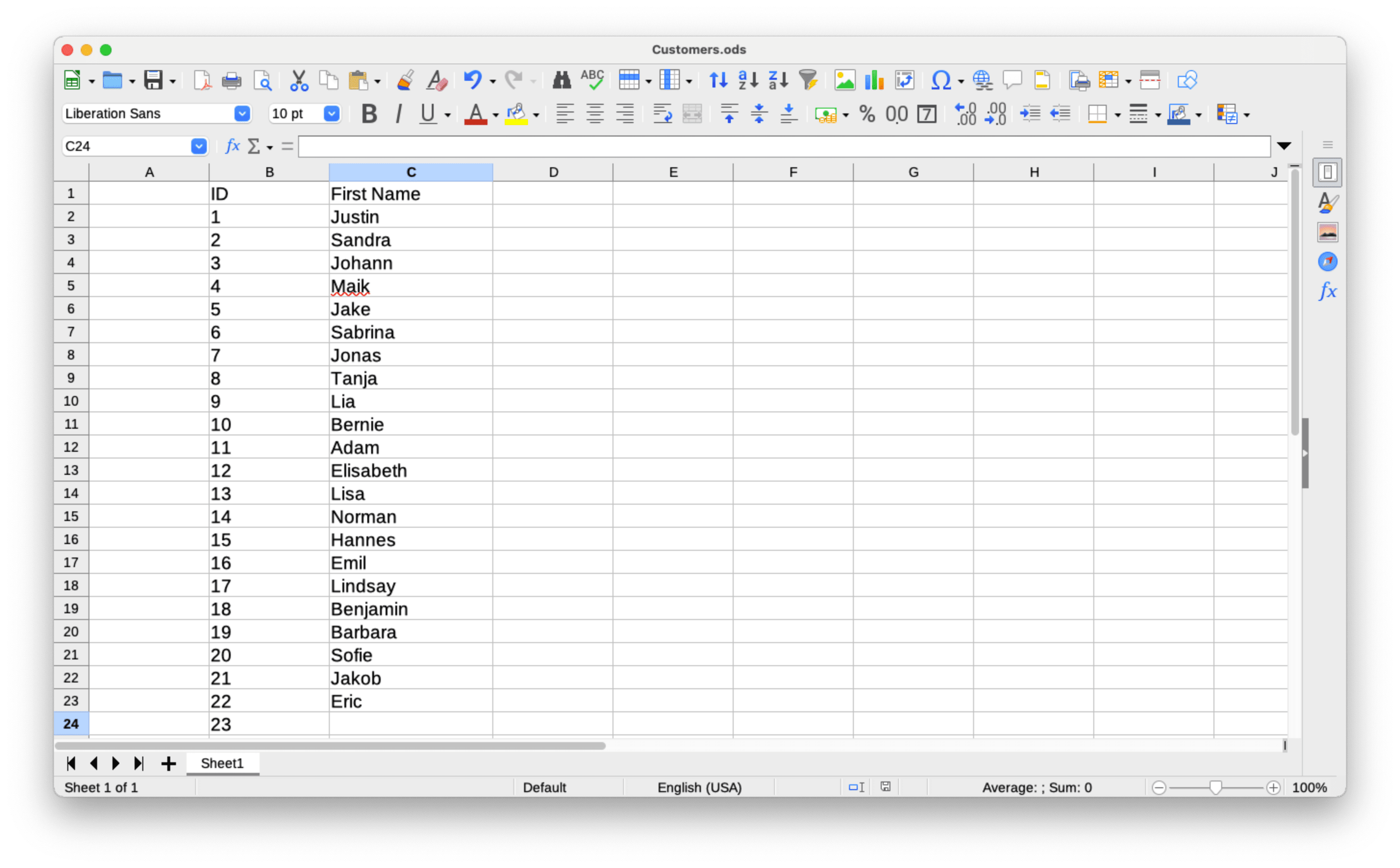 Zrzut ekranu arkusza kalkulacyjnego LibreOffice