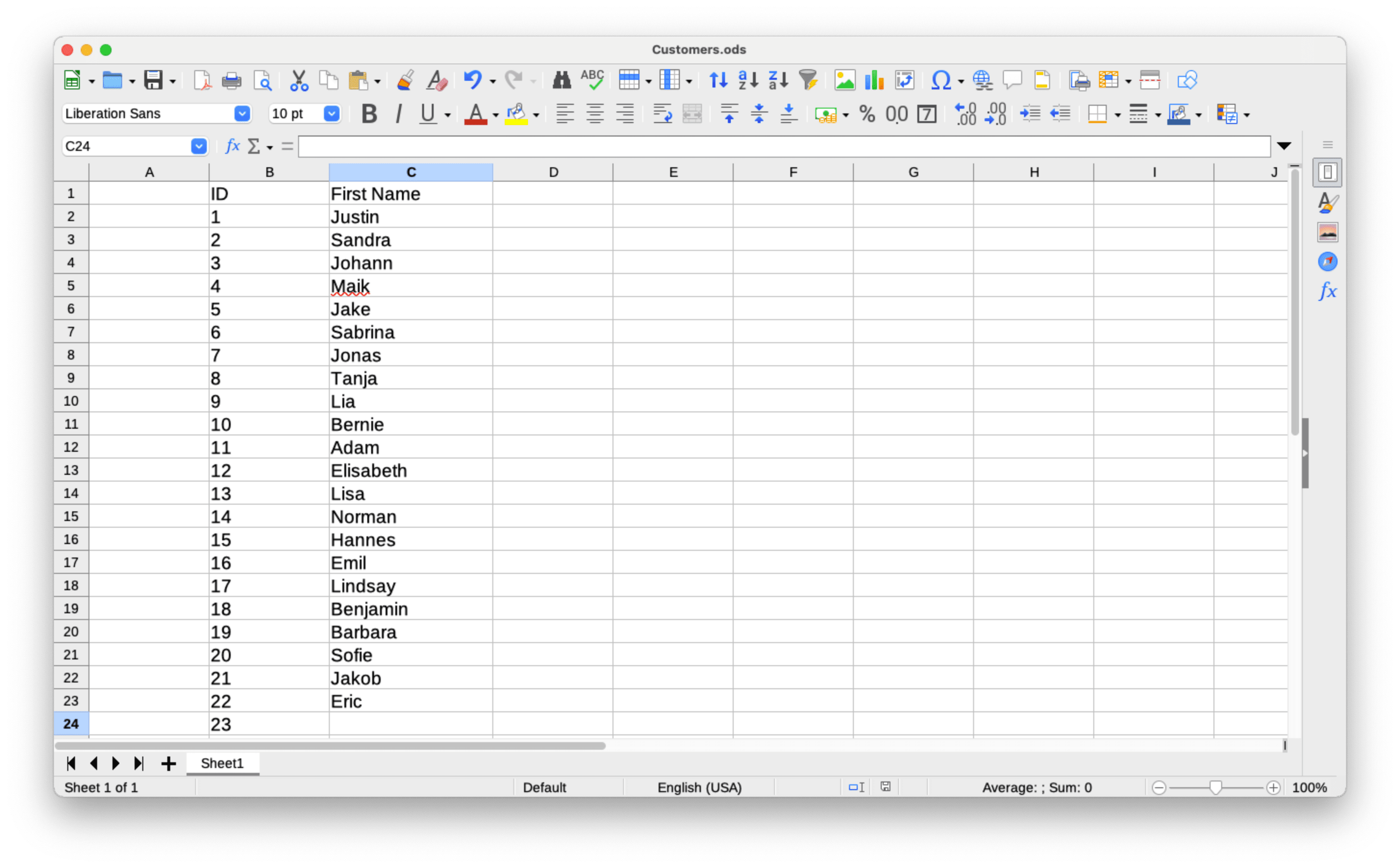 Captura de tela da Planilha do LibreOffice