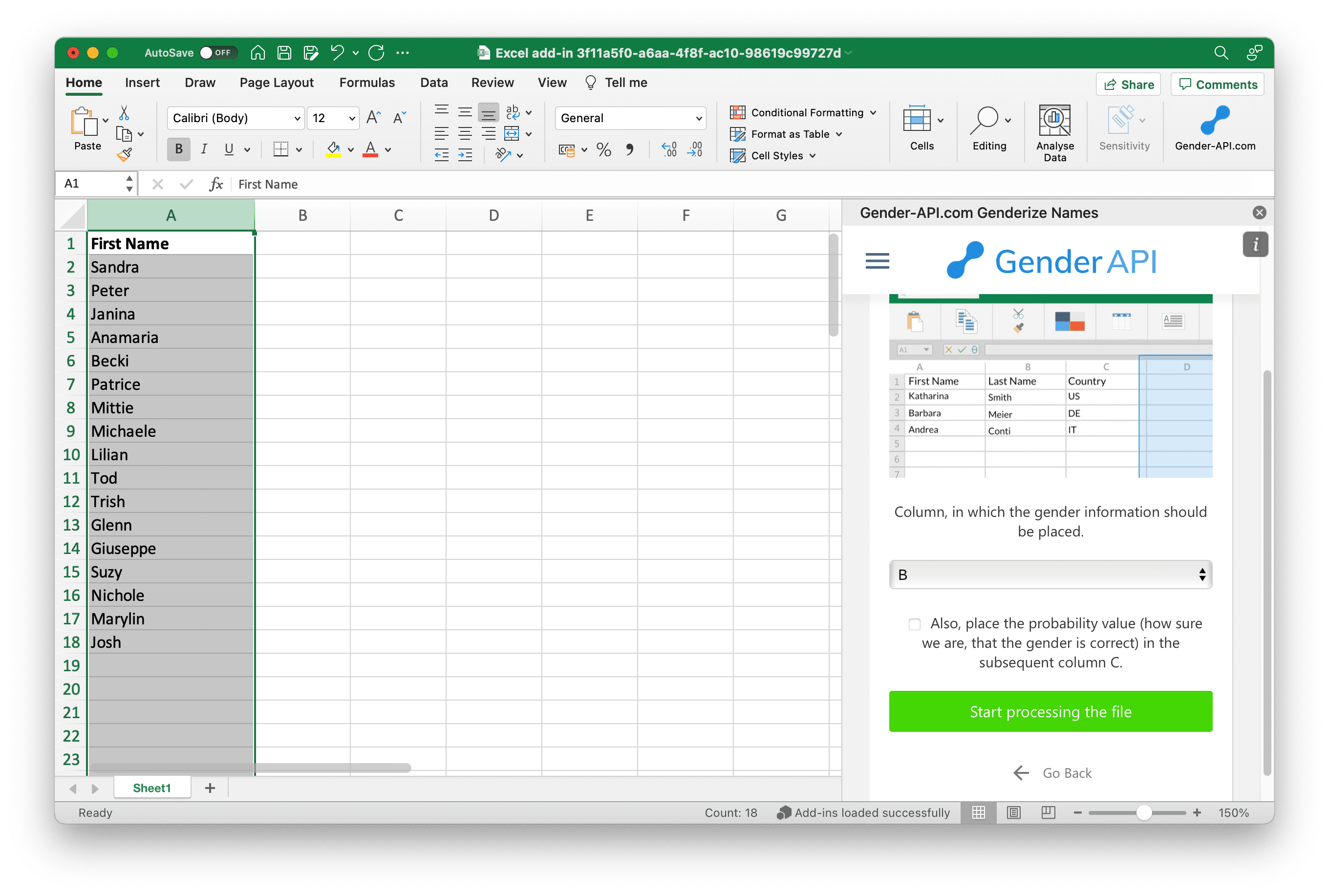 Genderize Names In Microsoft Excel Gender Api Determines The Gender Of A First Name 6238