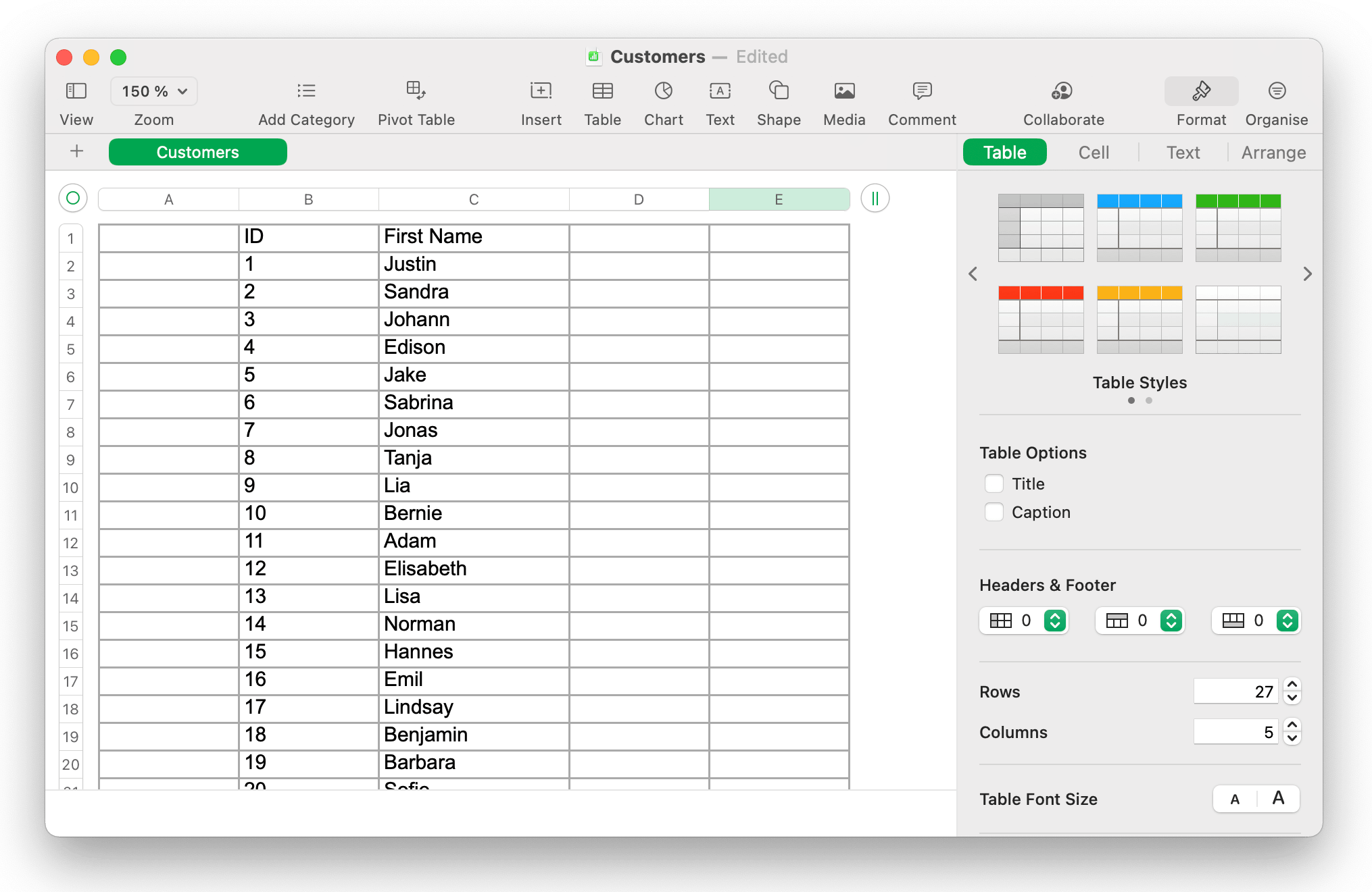 Zrzut ekranu programu Apple Numbers