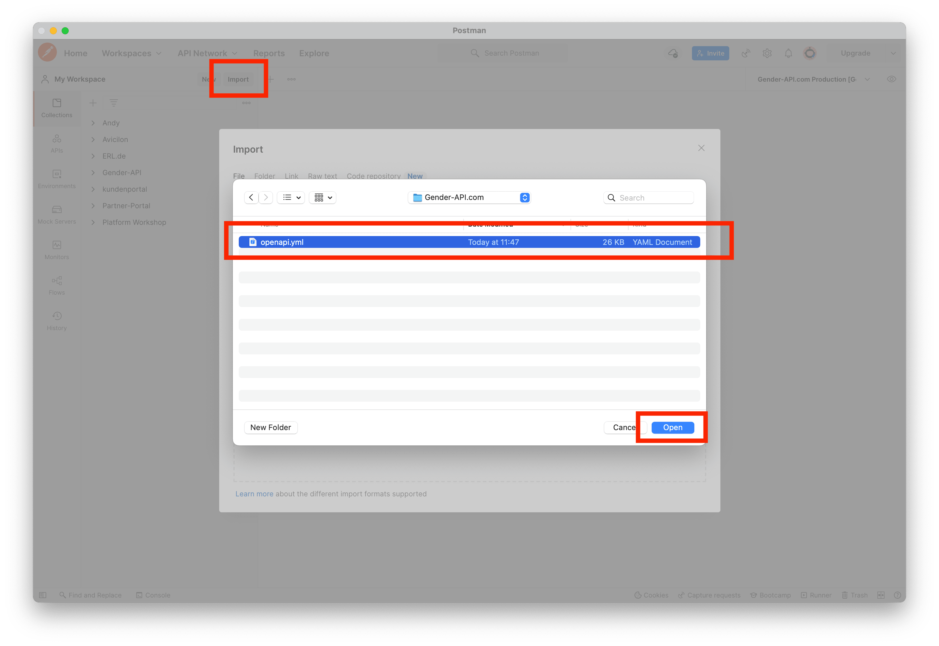 Import the file into Postman