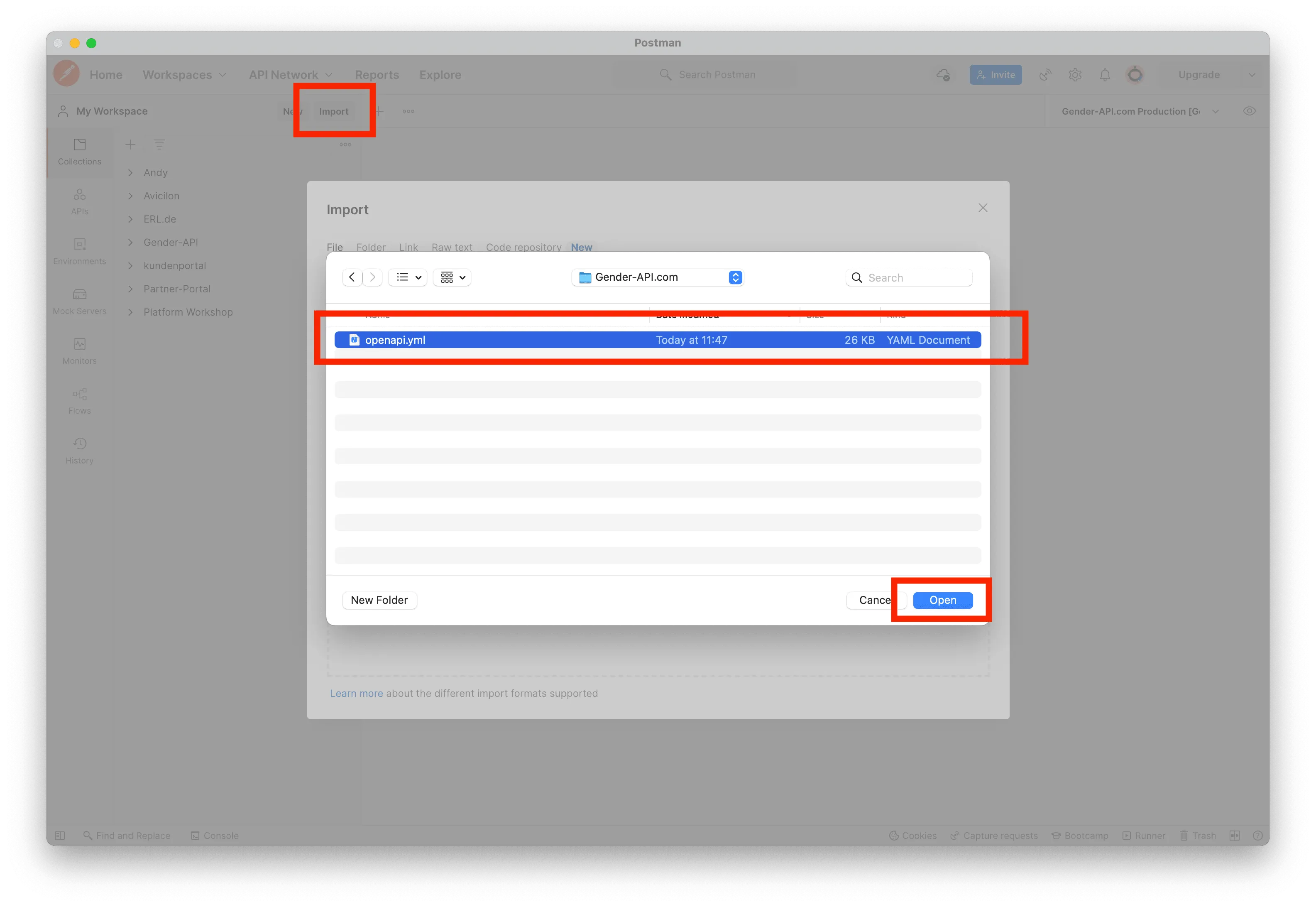 Import the file into Postman